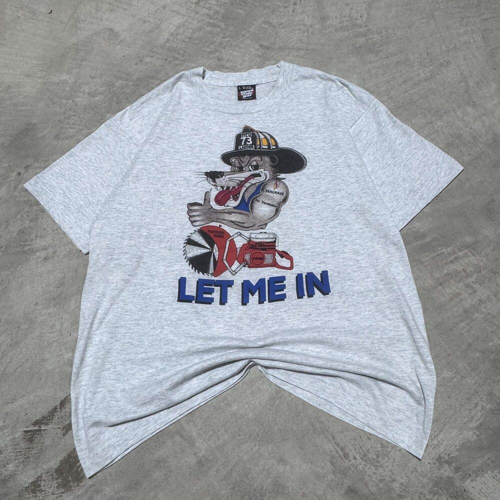 Vintage Screen Stars Best Let Me In Firefighter T Shirt L Gray Made in USA